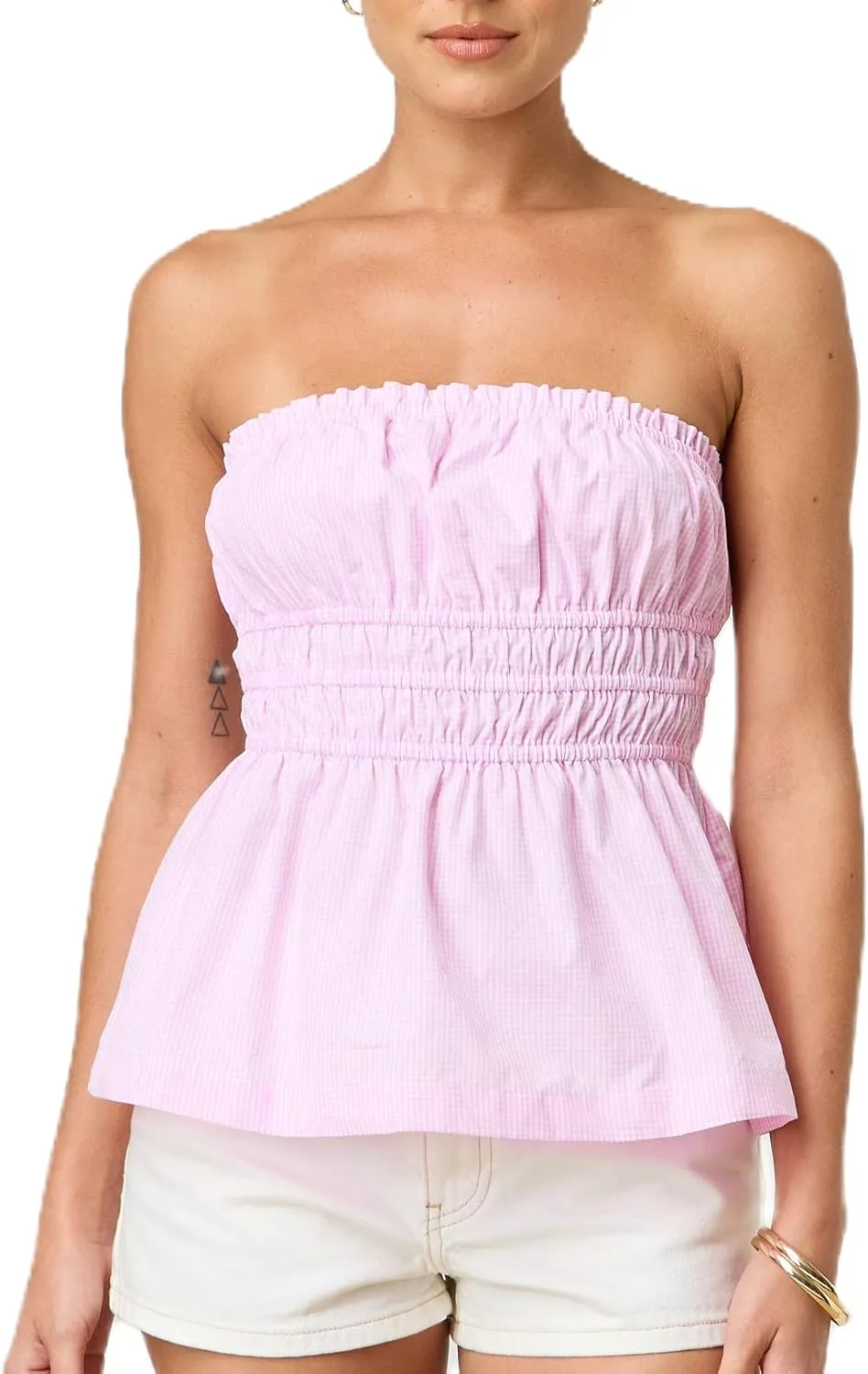 UAURORAO Women Cute Ruched Tube Top Strapless Tiered Smocked Backless Bandeau Top Flared Ruffle Hem Cropped Tank Tops