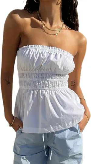 UAURORAO Women Cute Ruched Tube Top Strapless Tiered Smocked Backless Bandeau Top Flared Ruffle Hem Cropped Tank Tops