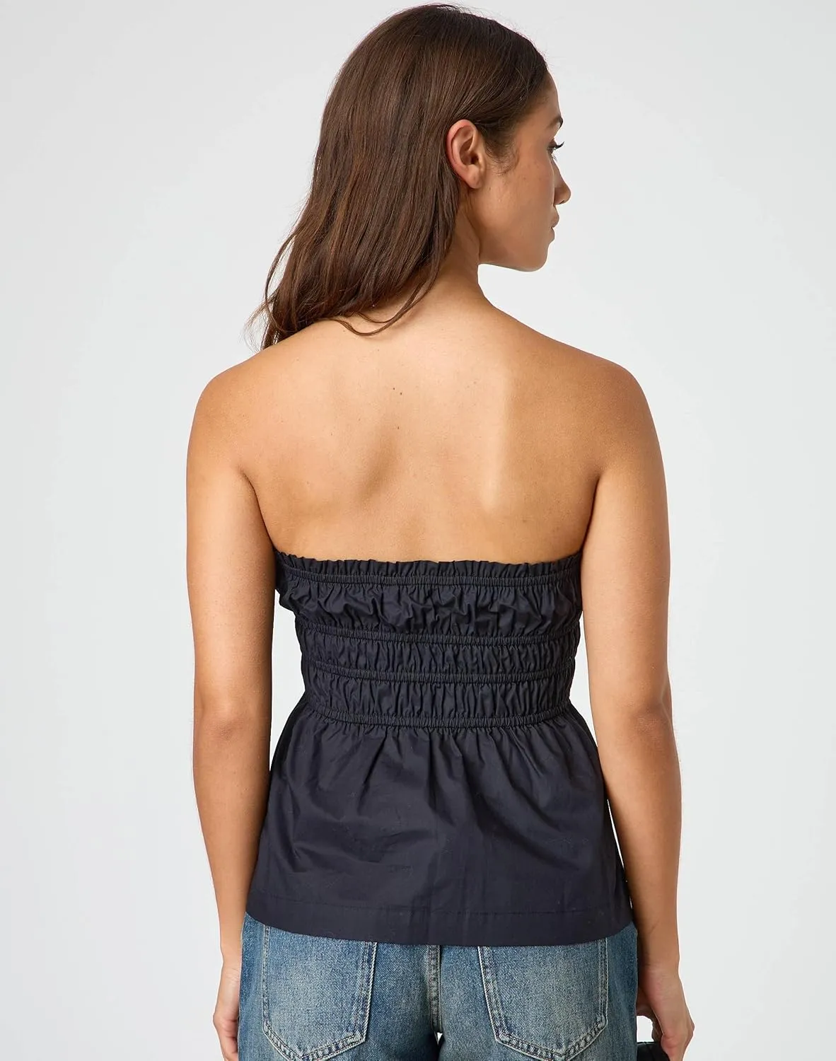UAURORAO Women Cute Ruched Tube Top Strapless Tiered Smocked Backless Bandeau Top Flared Ruffle Hem Cropped Tank Tops