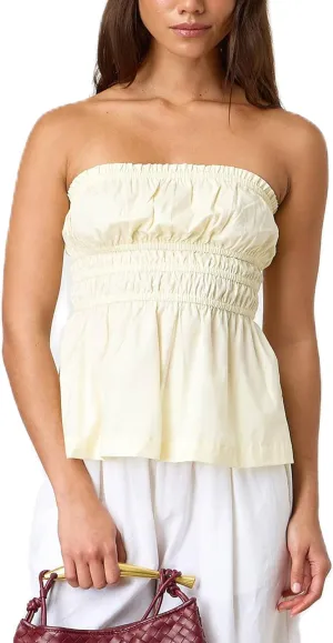 UAURORAO Women Cute Ruched Tube Top Strapless Tiered Smocked Backless Bandeau Top Flared Ruffle Hem Cropped Tank Tops