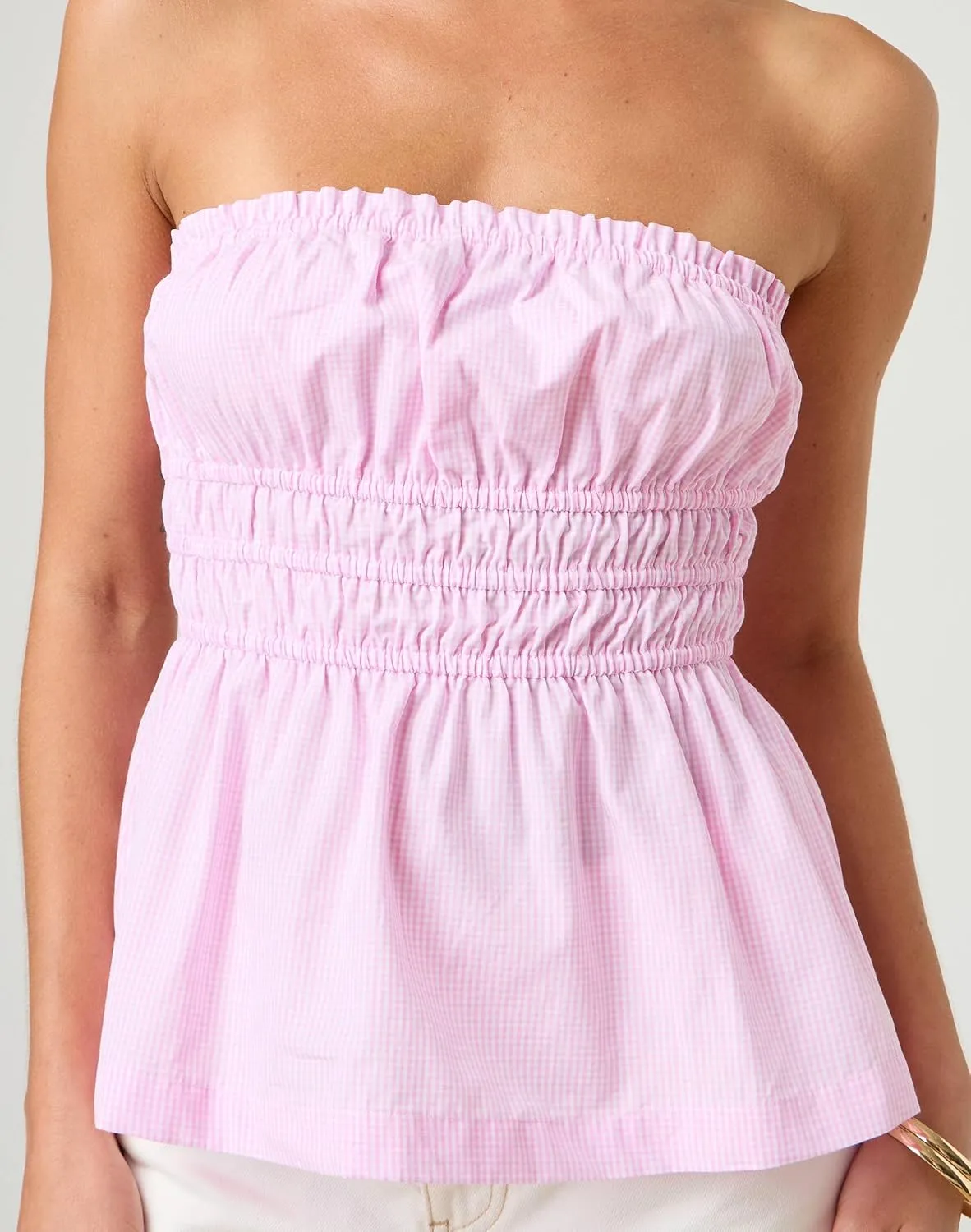 UAURORAO Women Cute Ruched Tube Top Strapless Tiered Smocked Backless Bandeau Top Flared Ruffle Hem Cropped Tank Tops