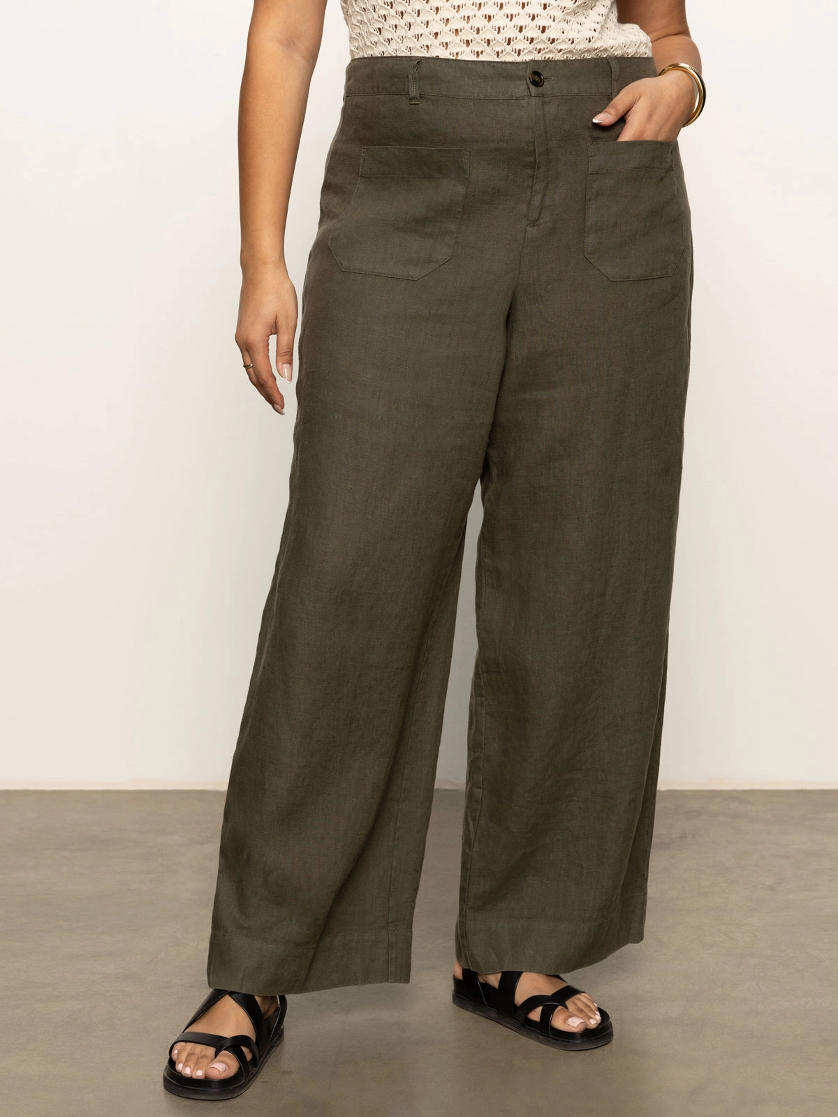 The Linen Marine Wide Leg Semi-High Rise Pant Kalamata Extended Sizing Flattering Style Work Flex