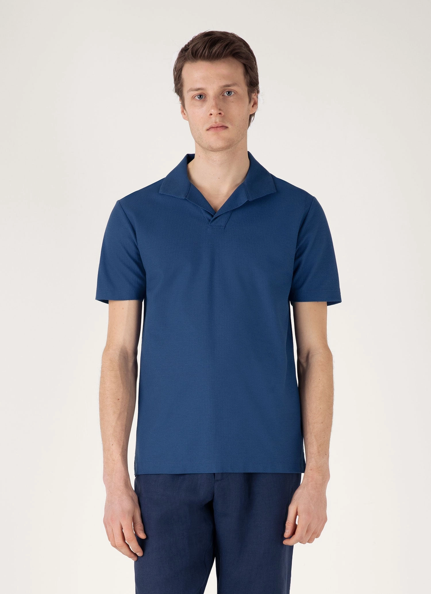 Men's Textured Jersey Polo Shirt in Soft Denim NonChafing Seam Placement