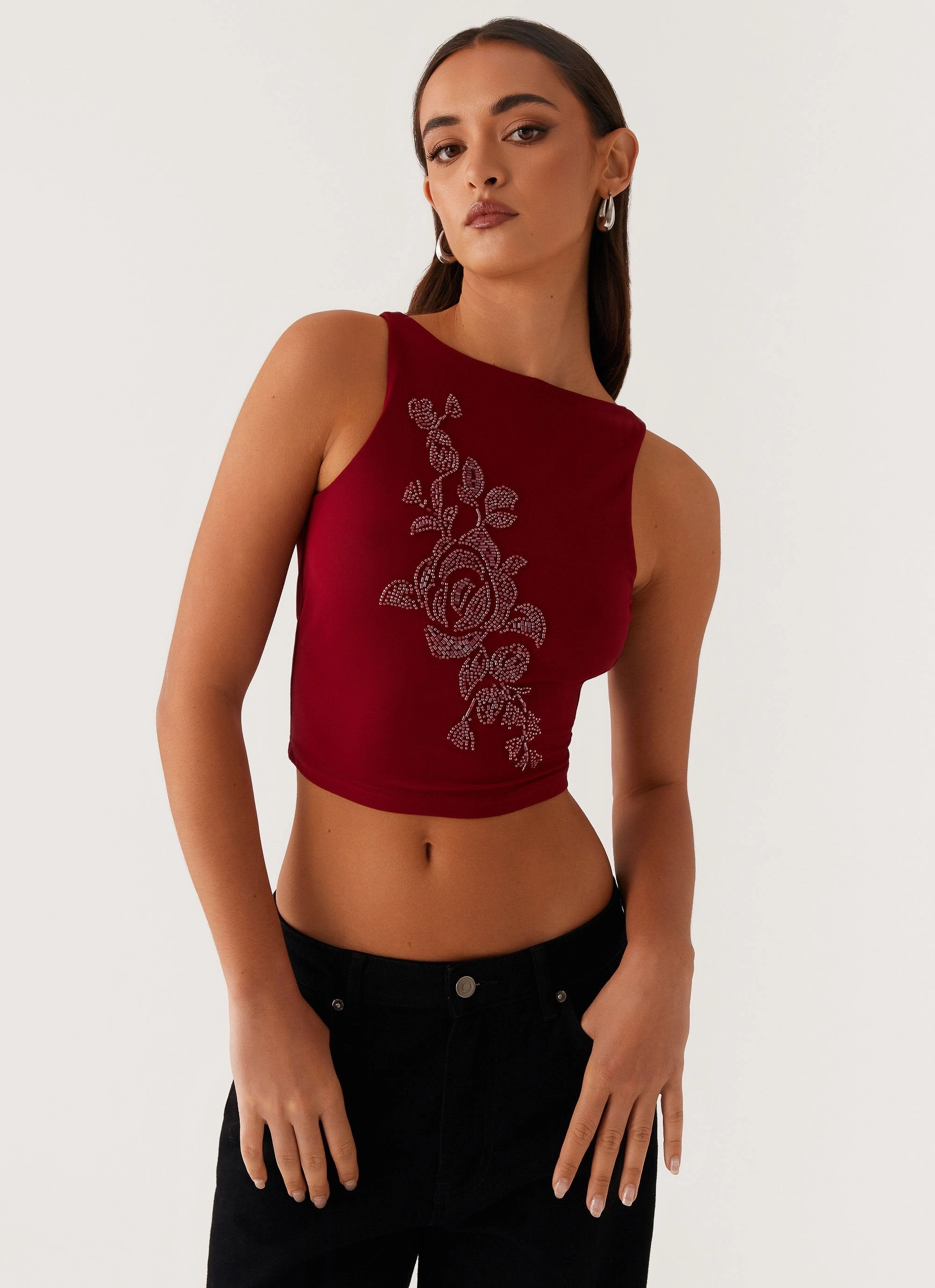 HoodedVersion Brae Beaded Mesh Top - Deep Red