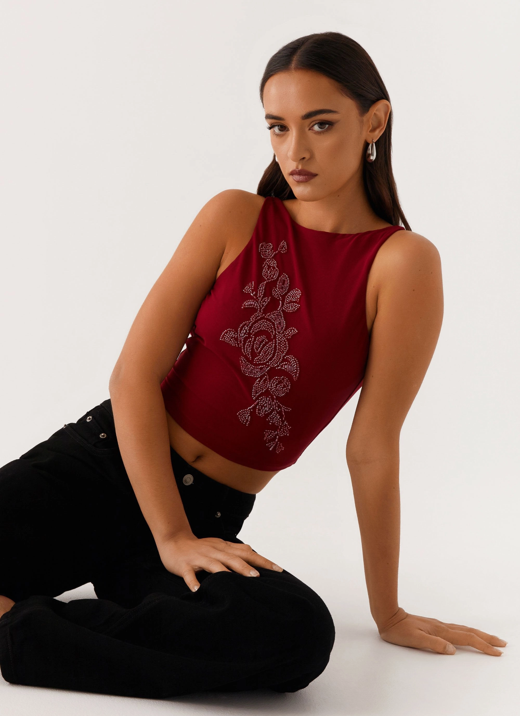 Brae Beaded Mesh Top - Deep Red Non Chafing Side Seams Ribbed Collar Style