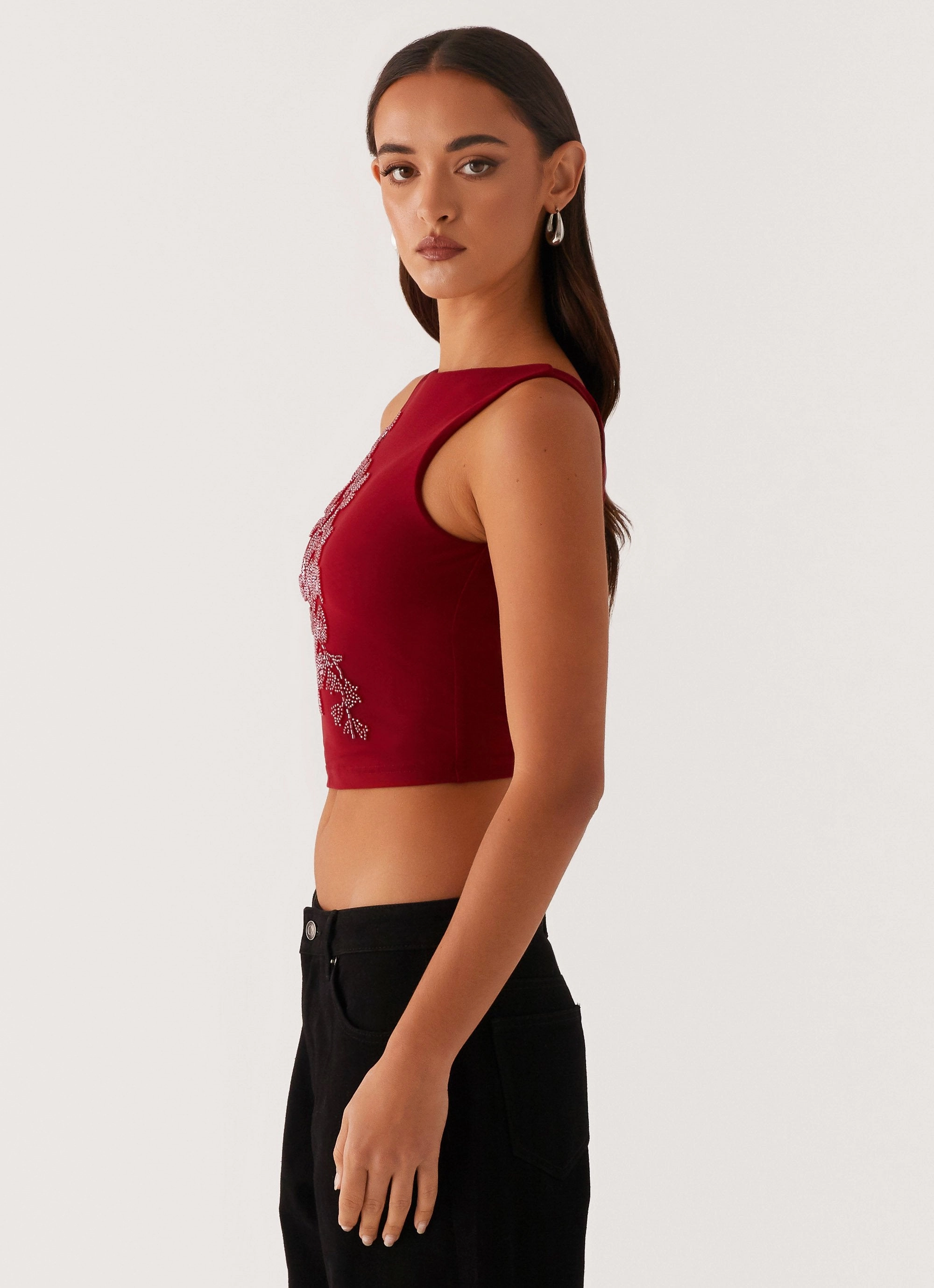 Brae Beaded Mesh Top - Deep Red Double Layered Fabric Stretch Waistband Design