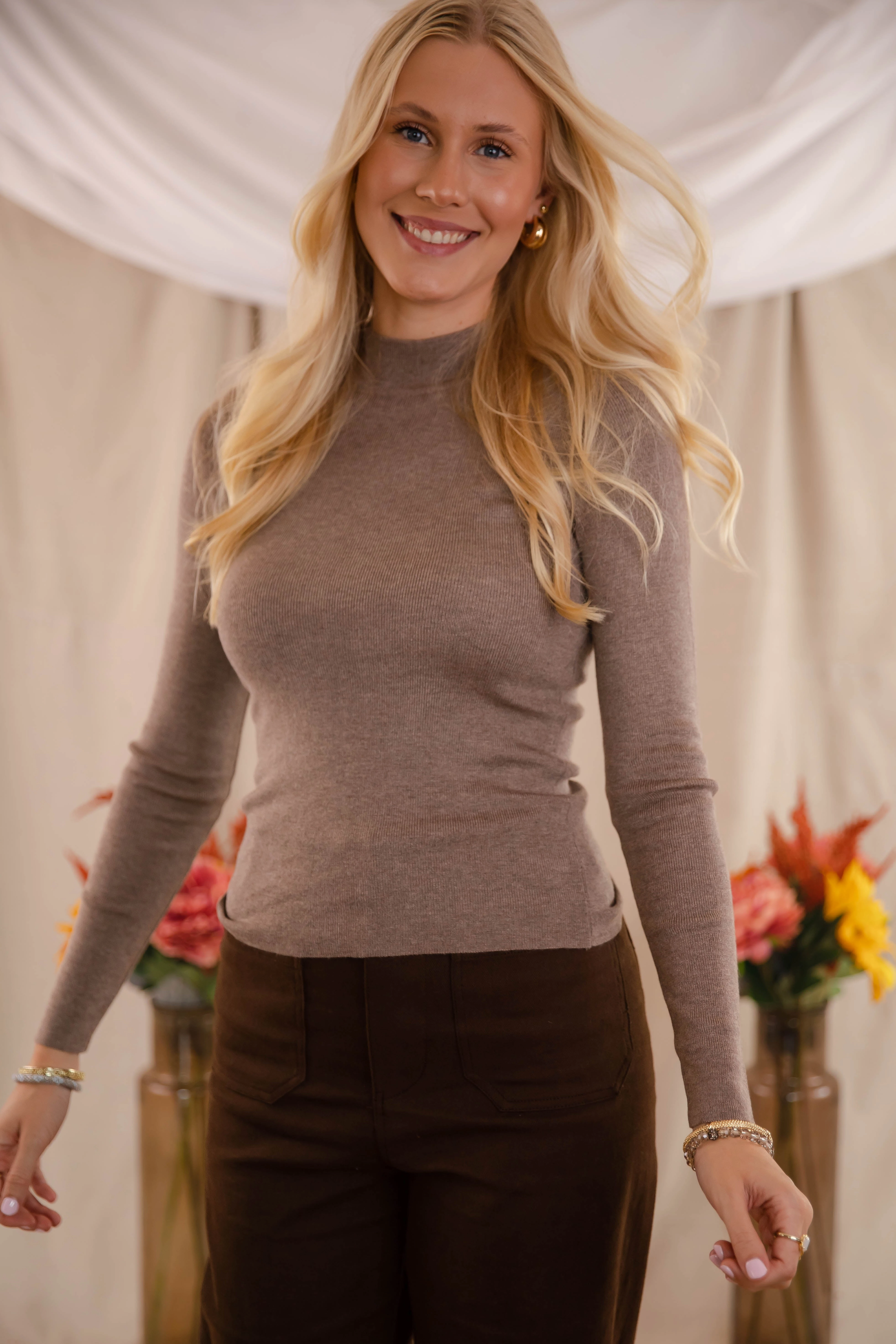 Basic Long Sleeve Underneath This Persona Ribbed Top-Mocha