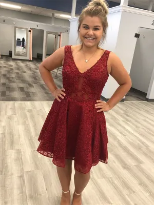 Unique Lace V-neck Neckline Short A-line Homecoming Dresses HD244