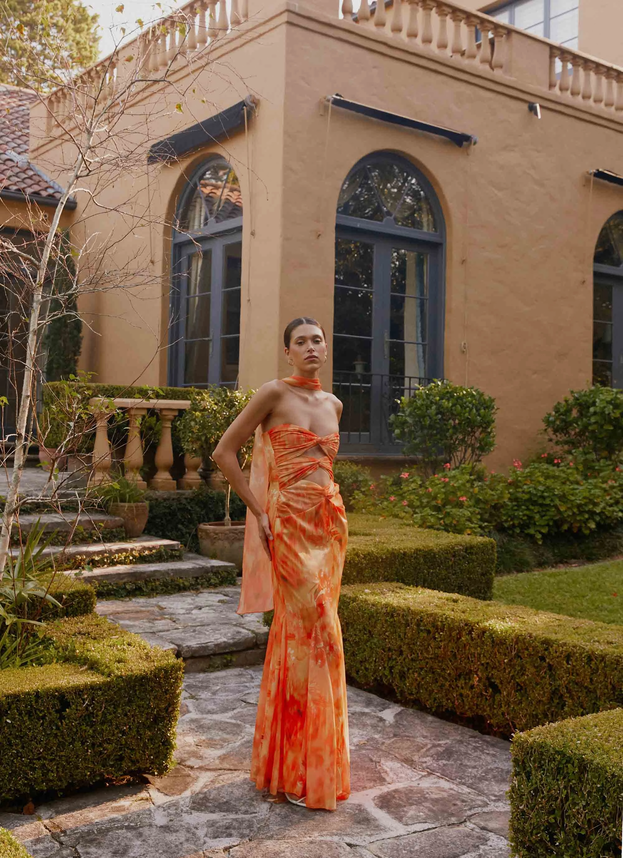 Melrose Satin Chiffon Maxi Dress - Sunset Floral Fashionable Wear