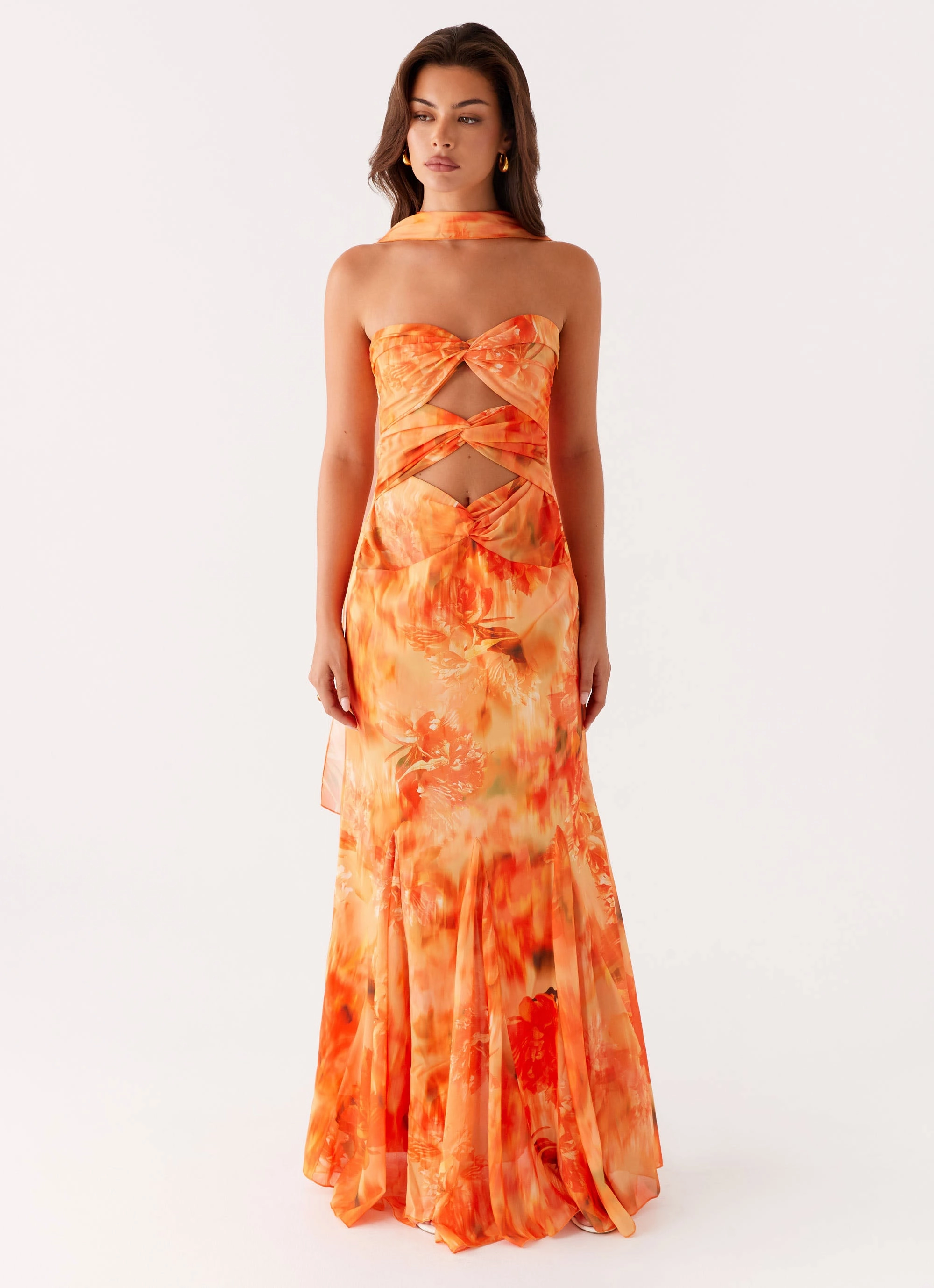 Melrose Satin Chiffon Maxi Dress - Sunset Floral Airy Drape