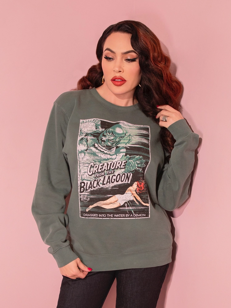 Universal Monsters: Creature from the Black Lagoon Movie Poster Sweatshirt in Vintage Green (unisex) Reinforced Neckline NeutralTonesCollection