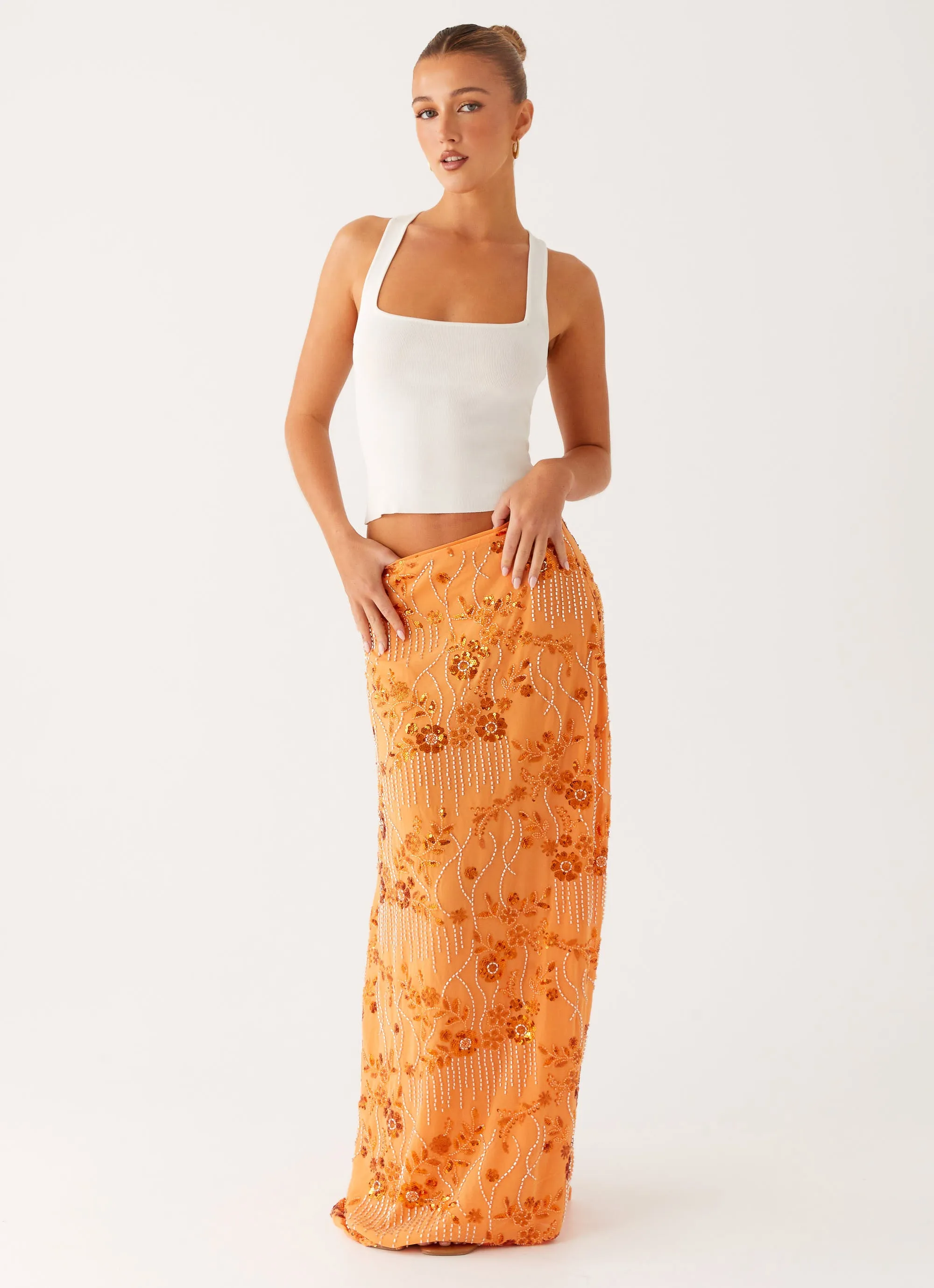 Corinna Low Rise Sequin Maxi Skirt - Orange Flattering Shape Anti Static Finish