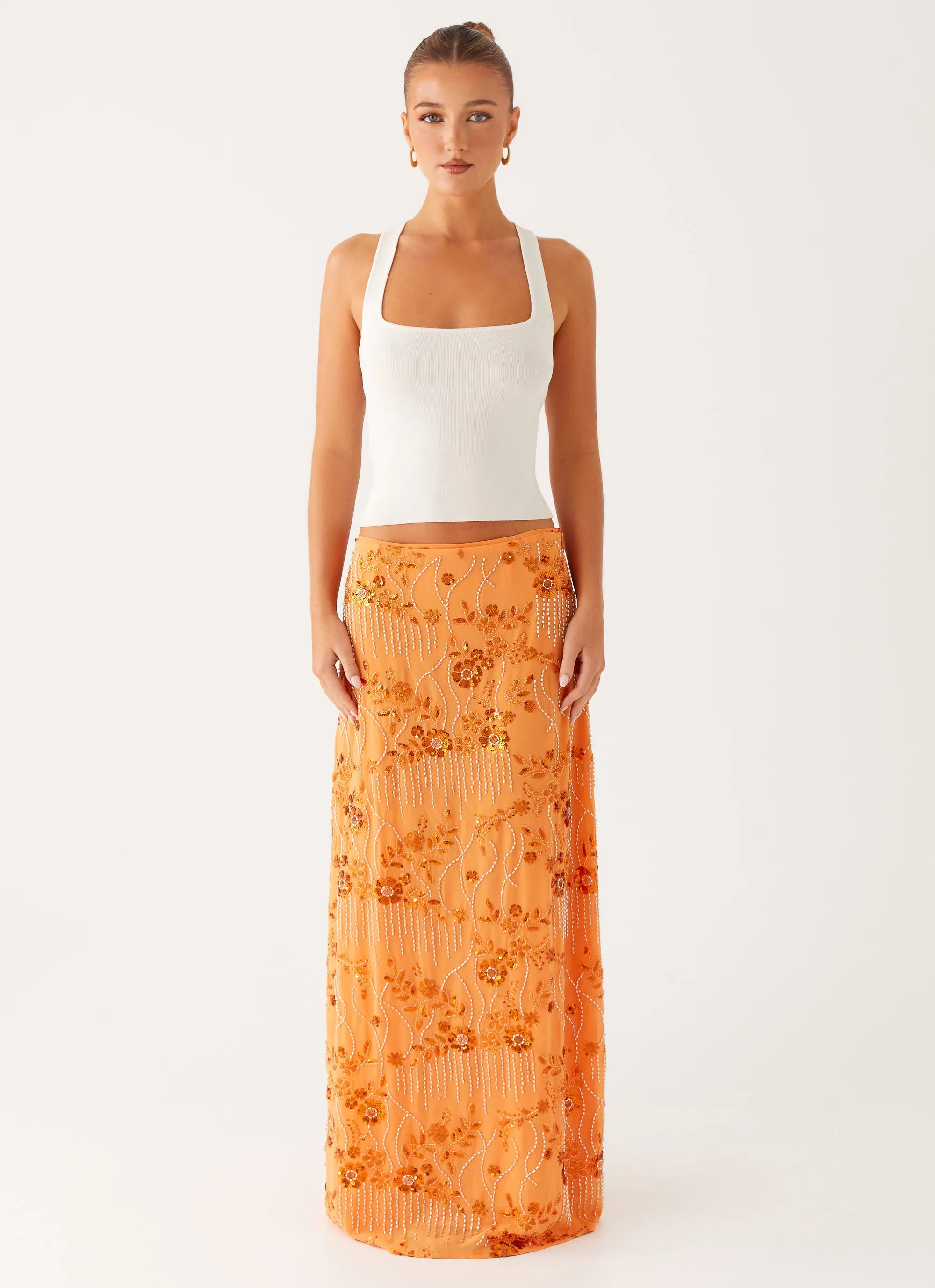 Corinna Low Rise Sequin Maxi Skirt - Orange Noise Reduciting Fabric