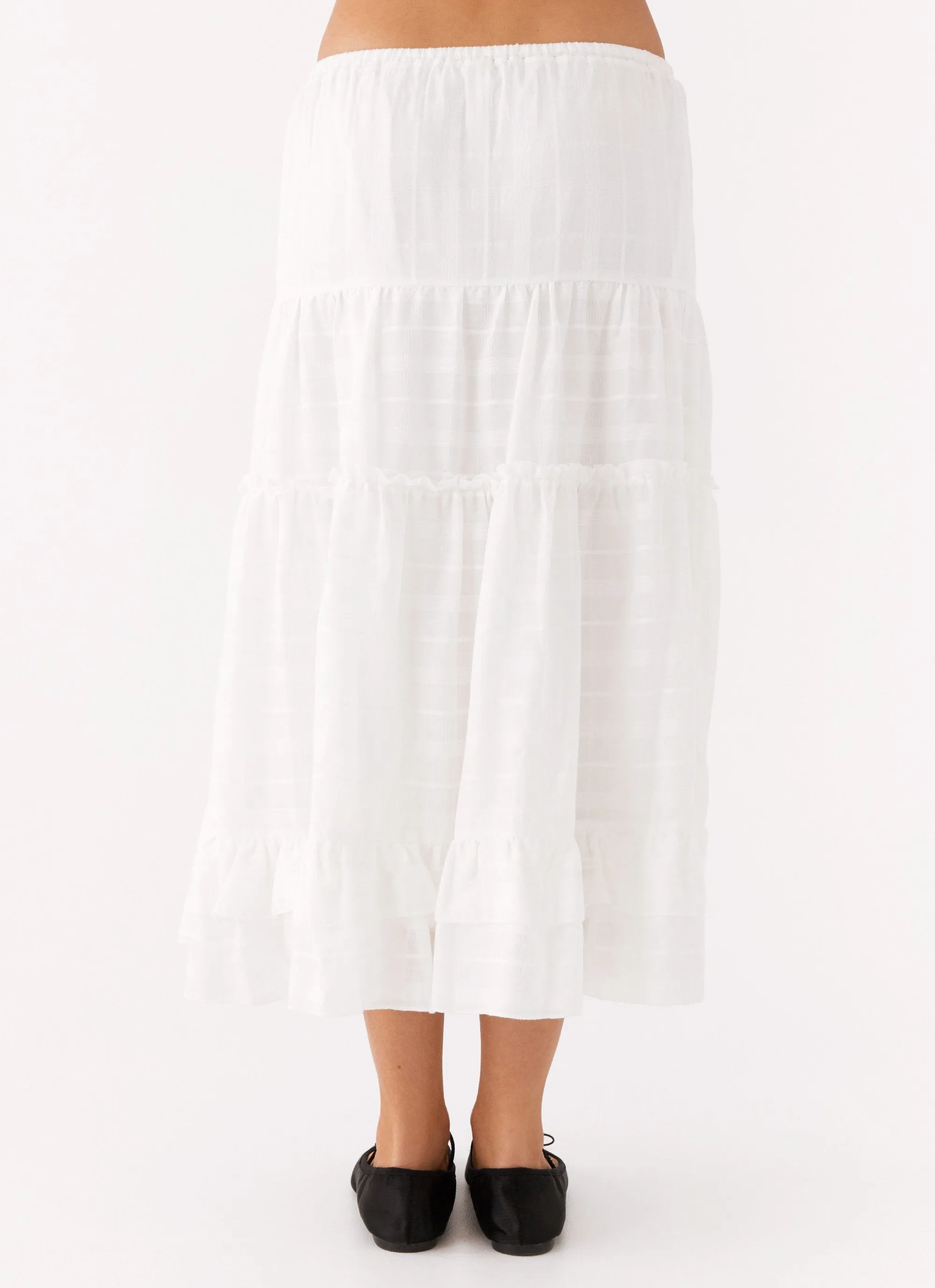 Beatrix Frill Midi Skirt - White Flat Lock Seams