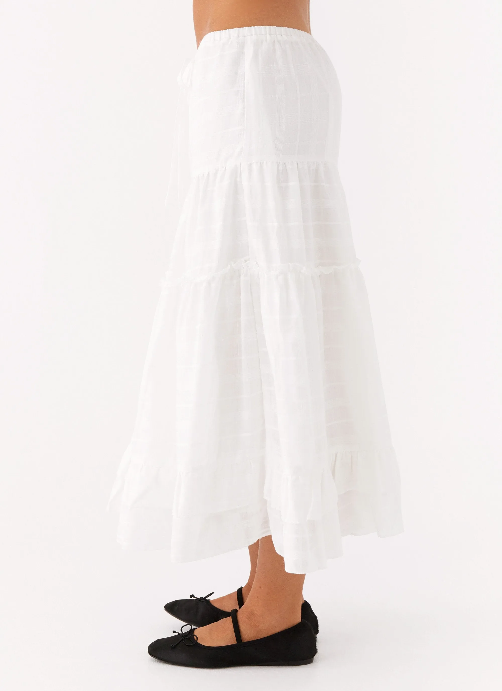 Beatrix Frill Midi Skirt - White Travel Ready Fitted Design