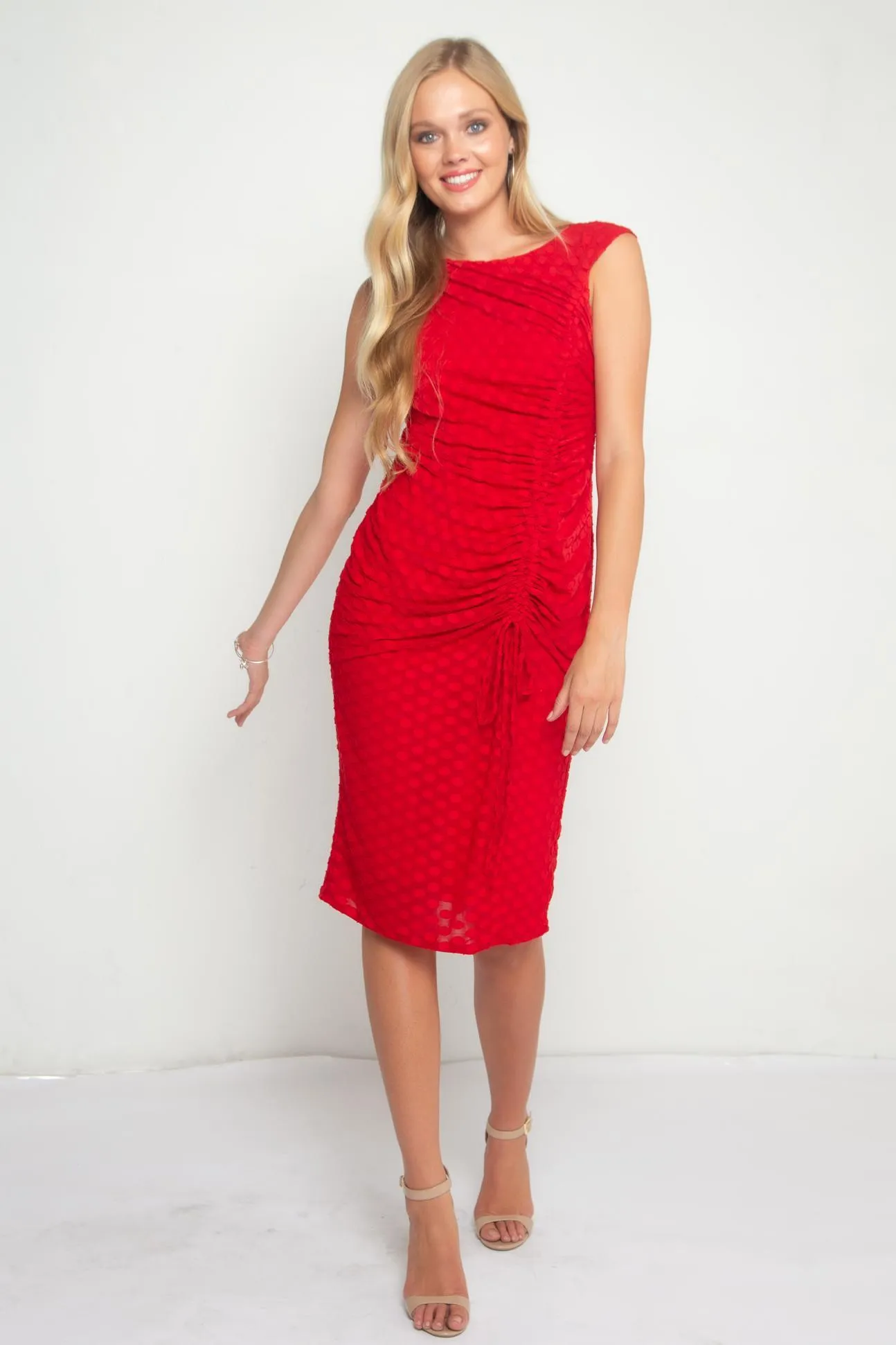 Comfortable Silhouette Lightweight-Lining Urchin Cinched Midi Dress ?C Red