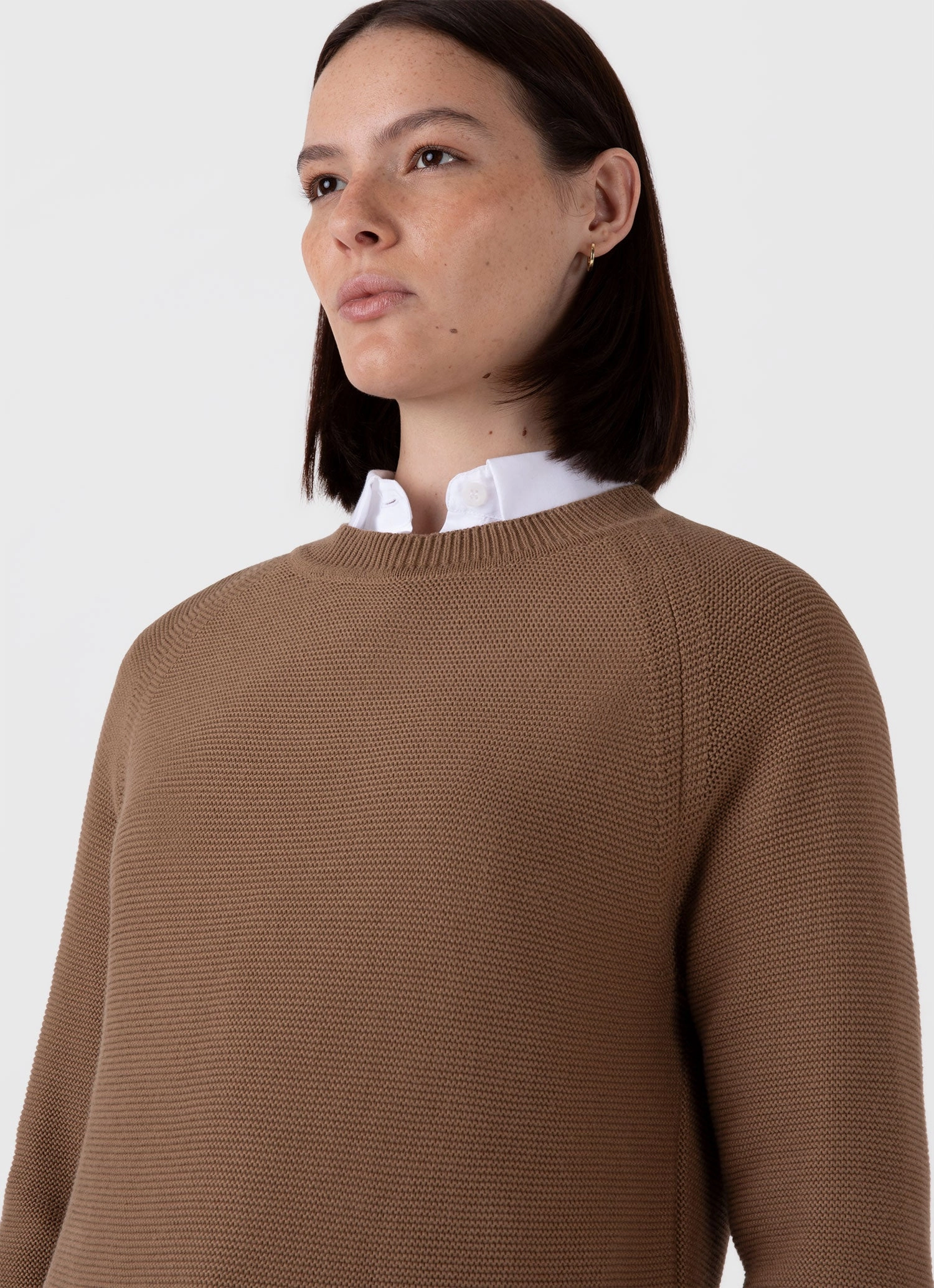 Ribbed Hemline Office Trend Women's Textured Cotton Jumper in Almond