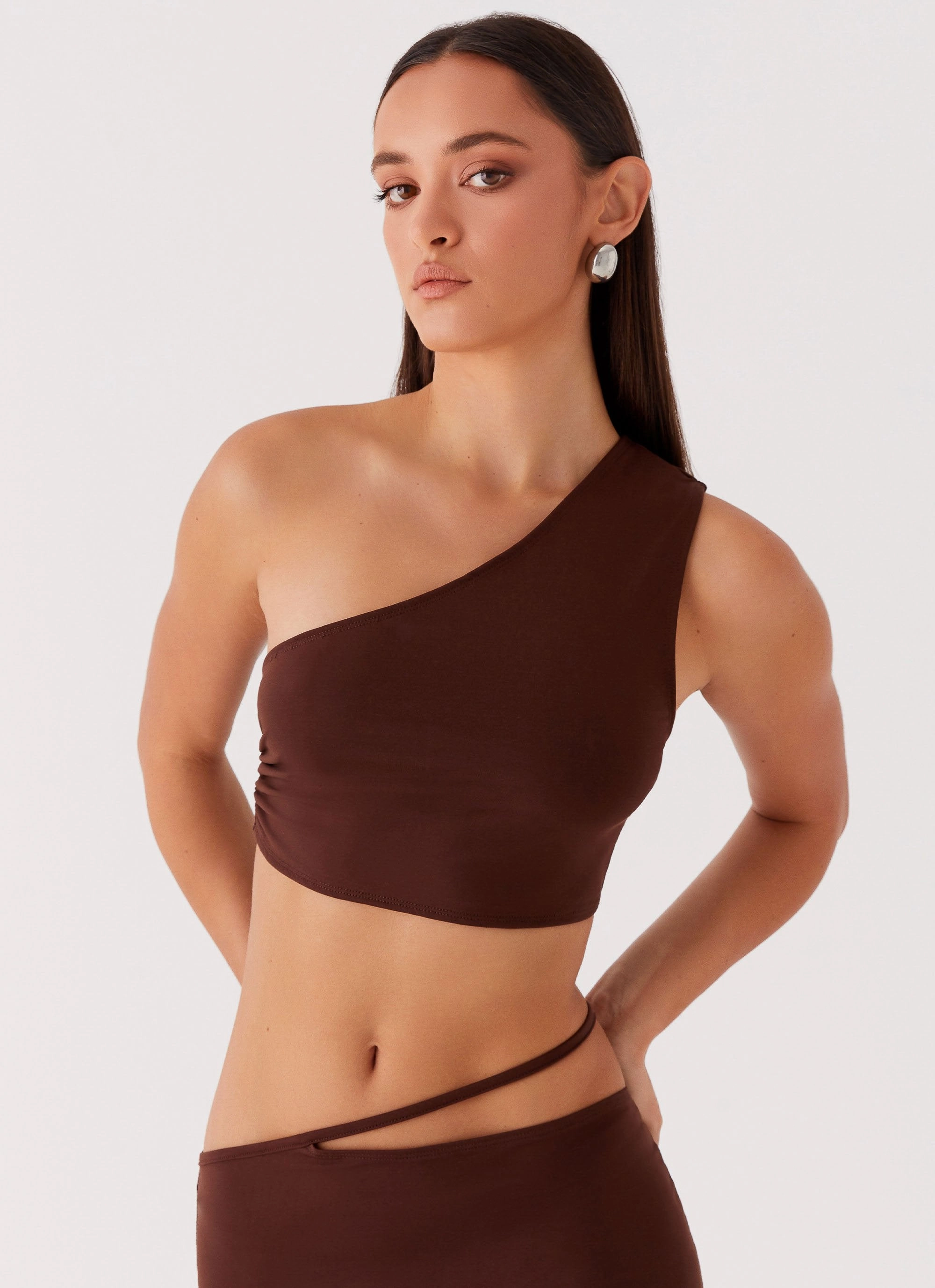Noise Reducing Fabric Treatment Like You Do One Shoulder Crop Top - Chocolate
