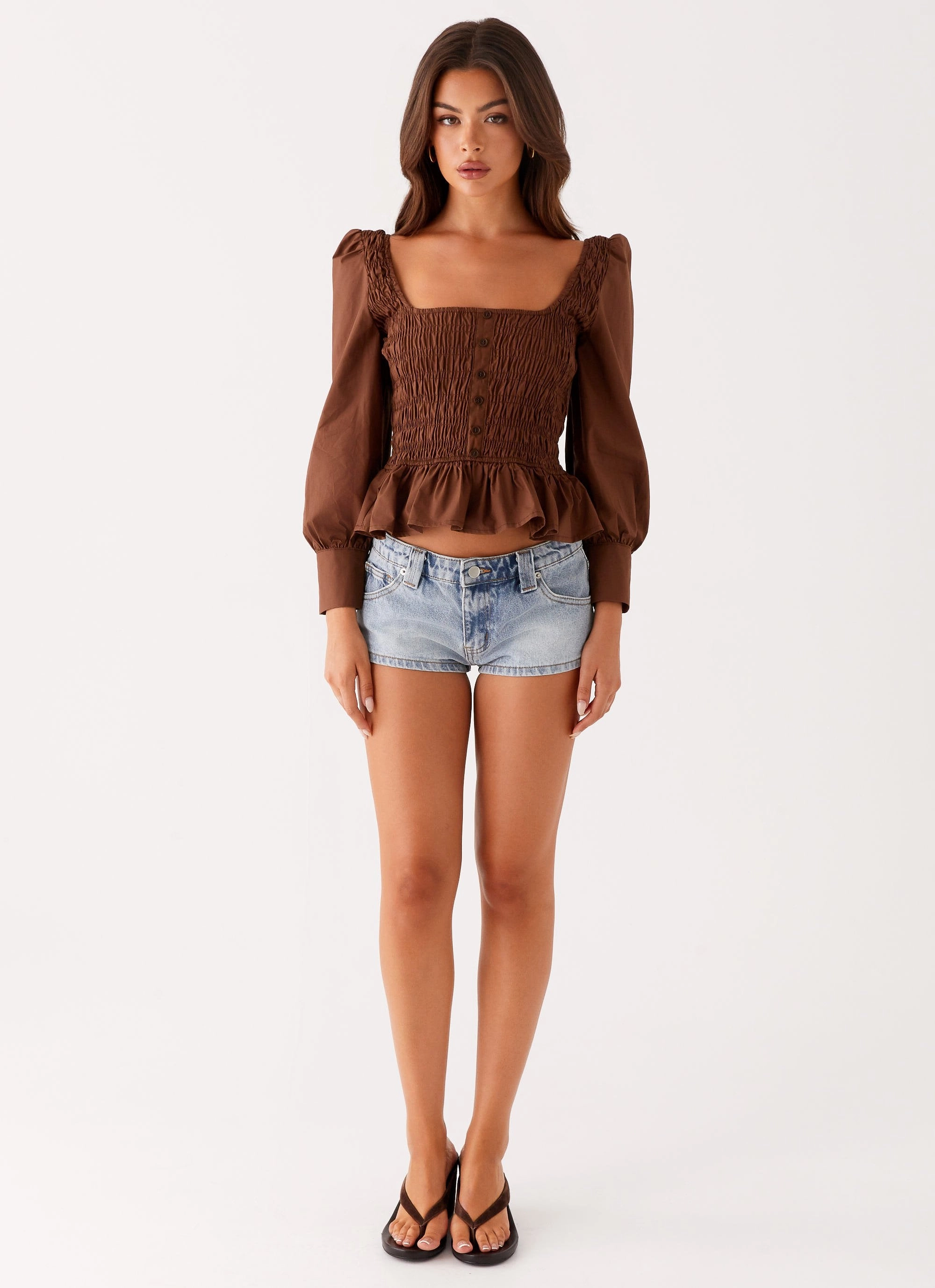 Joyce Long Sleeve Shirred Top - Chocolate VNeckline