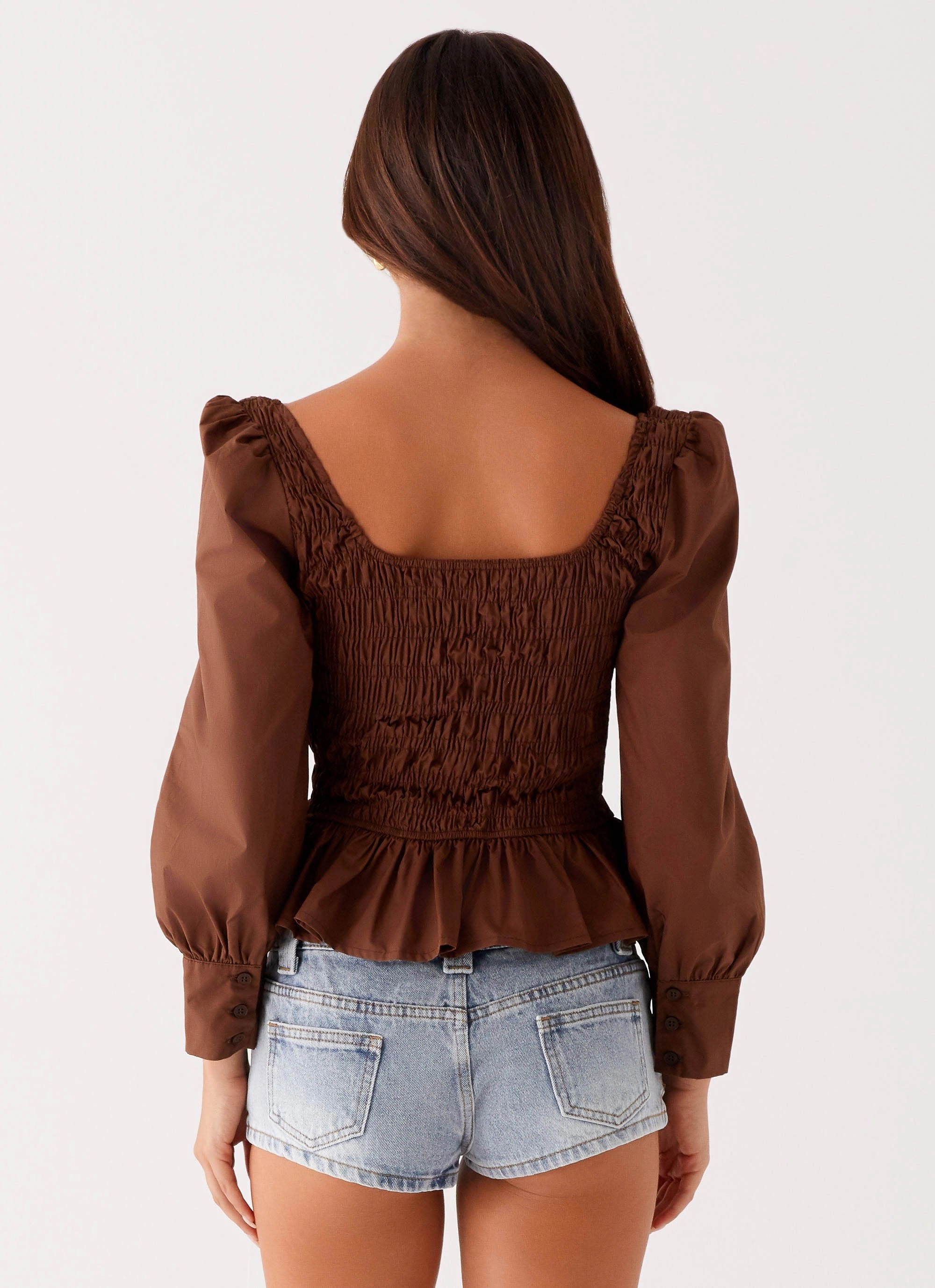 UV Protective Layer Joyce Long Sleeve Shirred Top - Chocolate