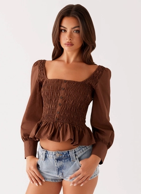 UVResistant Coating Joyce Long Sleeve Shirred Top - Chocolate FlexibleMobility ContrastPlacket Joyce Long Sleeve Shirred Top - Chocolate