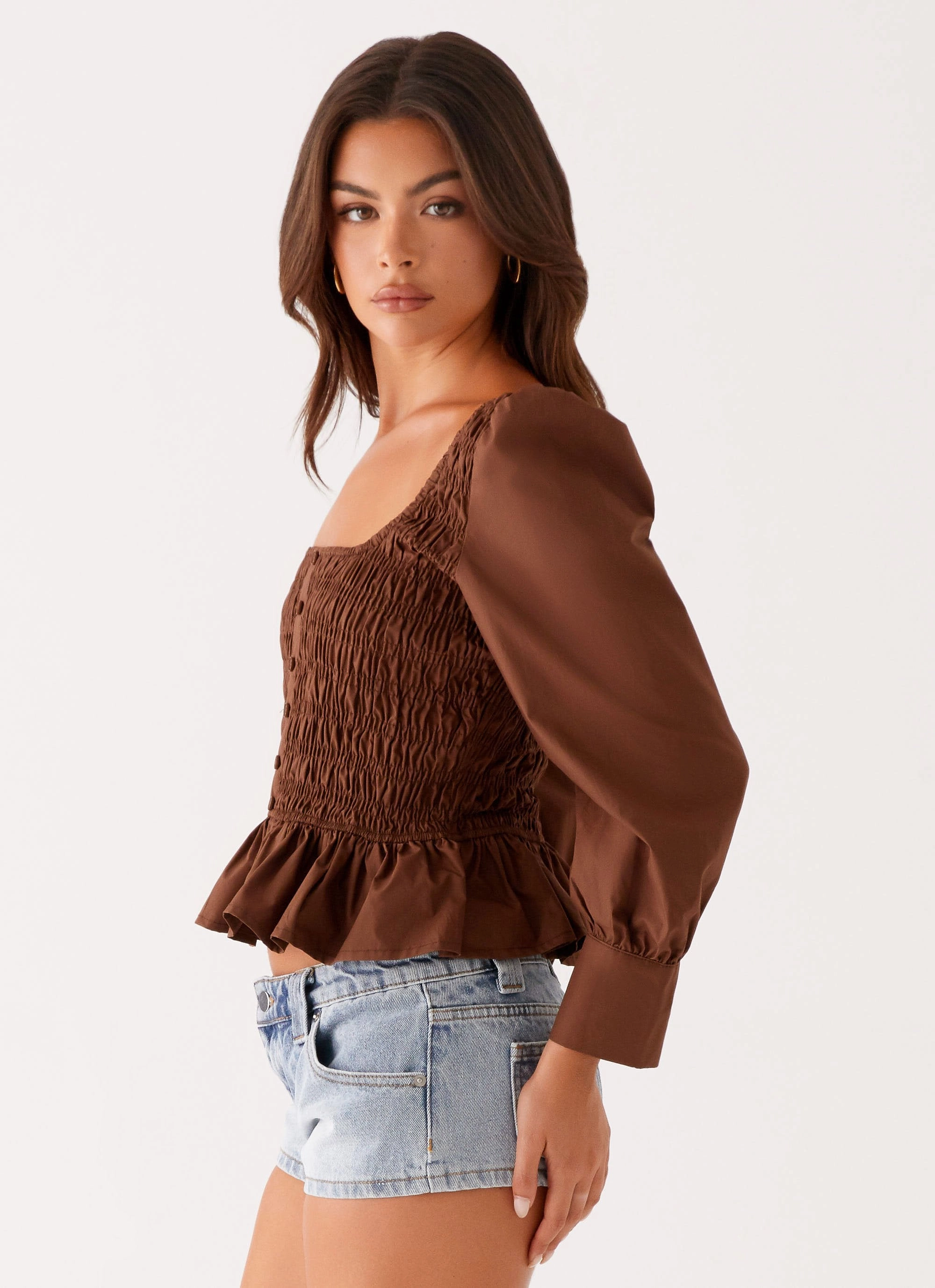 Joyce Long Sleeve Shirred Top - Chocolate Odor Resistant Finish