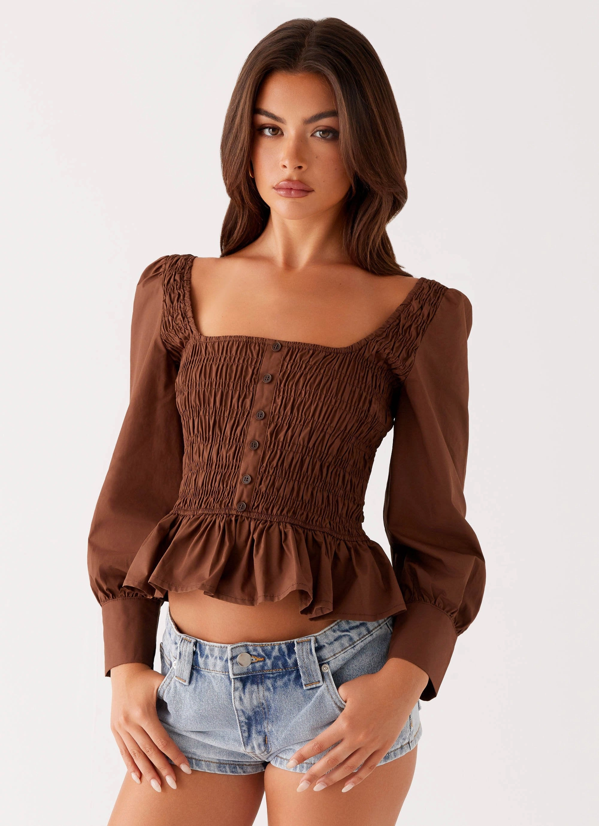 FlexibleMobility ContrastPlacket Joyce Long Sleeve Shirred Top - Chocolate