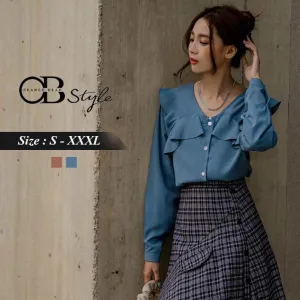 V-NECK BUTTONS PUFF SLEEVE LONG SLEEVE RUFFLES TOPS