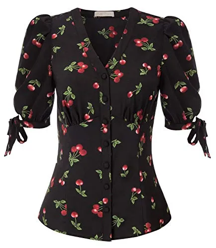 V Neck Puff Sleeve Tops for Women Work Black Vintage Cherry Shirt S