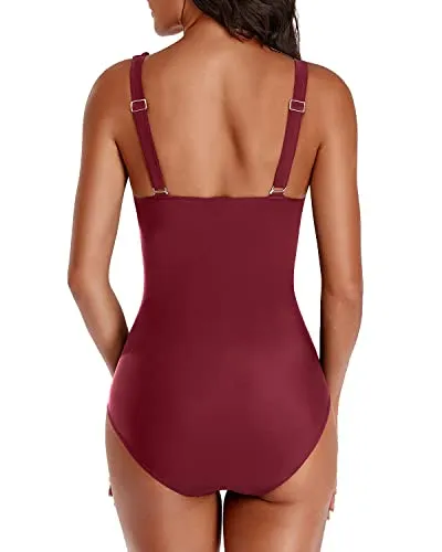 V Neck Ruffle Flounce One Piece Swimsuits Tummy Control-Maroon