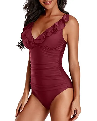 V Neck Ruffle Flounce One Piece Swimsuits Tummy Control-Maroon