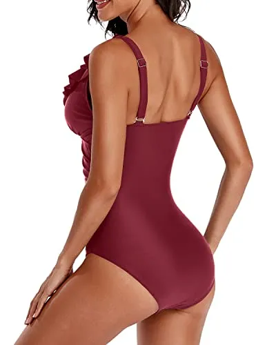 V Neck Ruffle Flounce One Piece Swimsuits Tummy Control-Maroon
