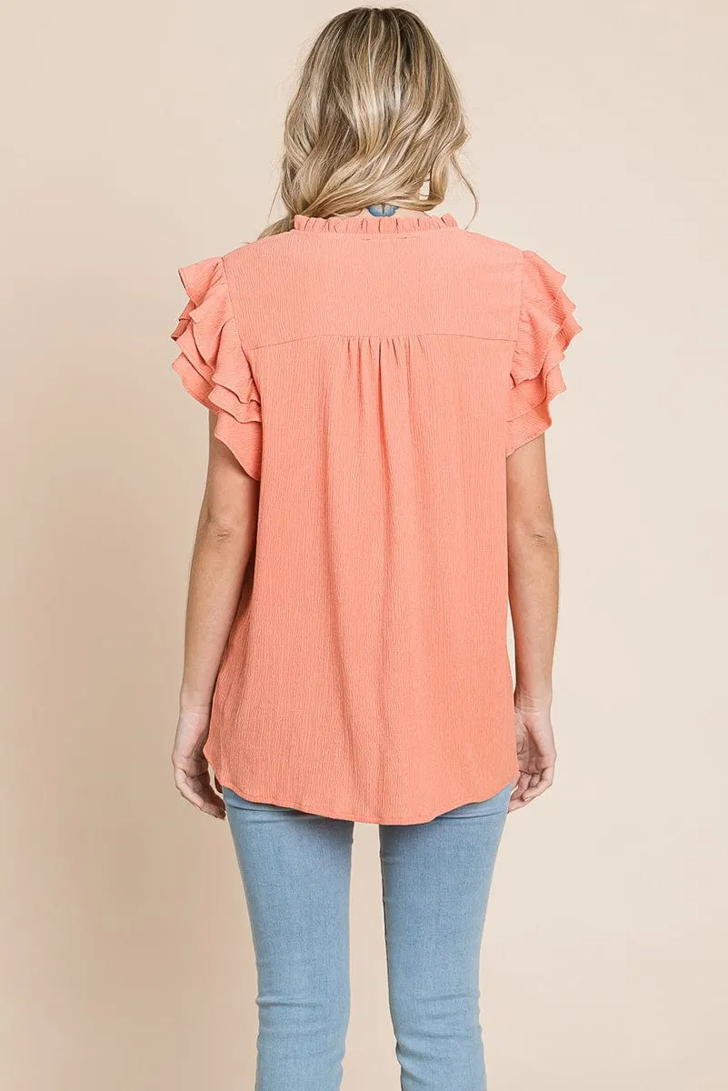 V neck Ruffle Sleeve Textured Shirts Blouses