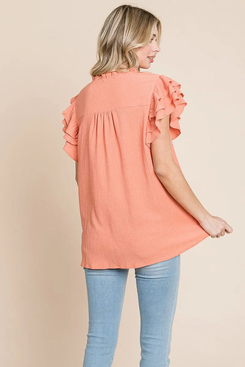 V neck Ruffle Sleeve Textured Shirts Blouses