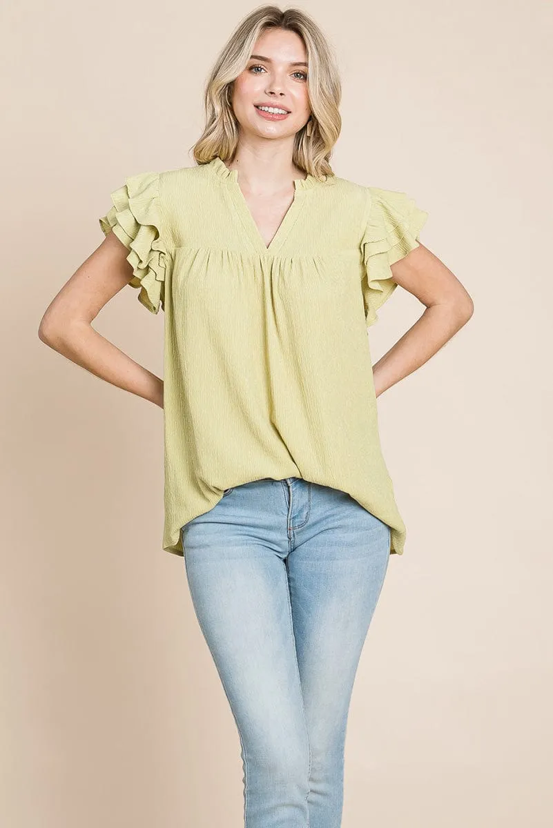 V neck Ruffle Sleeve Textured Shirts Blouses