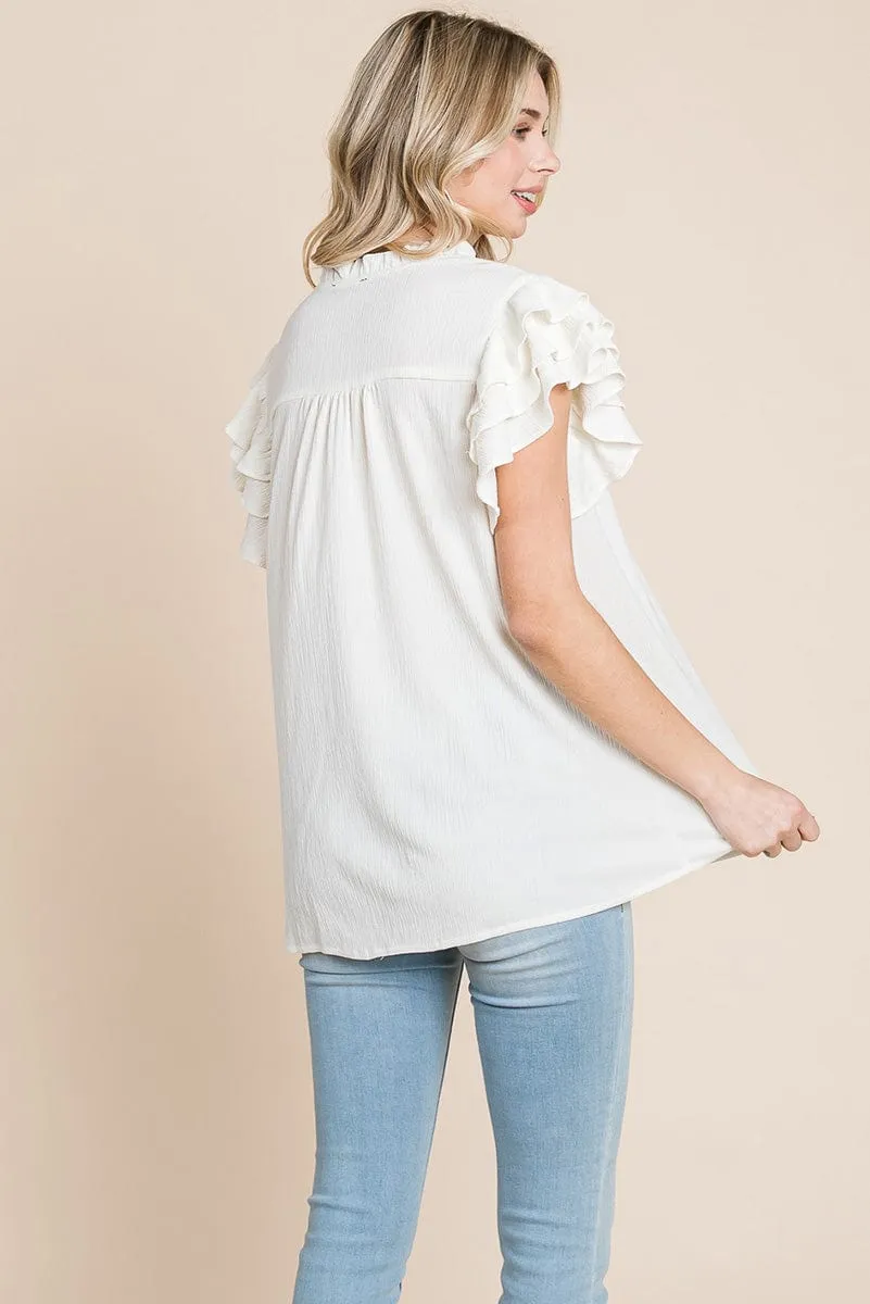 V neck Ruffle Sleeve Textured Shirts Blouses
