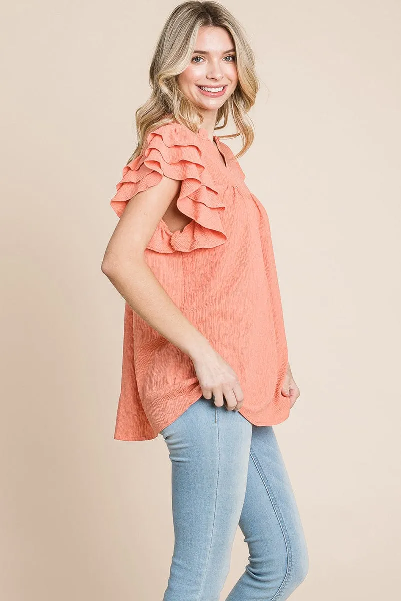 V neck Ruffle Sleeve Textured Shirts Blouses