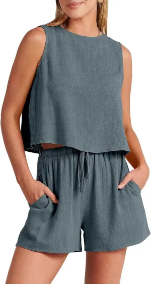 Vacation Outfits for Women Summer 2 Piece Set Cotton Linen Sleeveless Crewneck Tank Tops Wide Leg Shorts Outfits