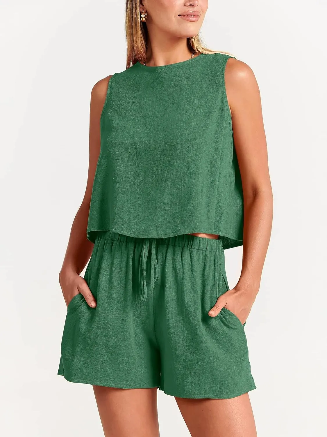 Vacation Outfits for Women Summer 2 Piece Set Cotton Linen Sleeveless Crewneck Tank Tops Wide Leg Shorts Outfits