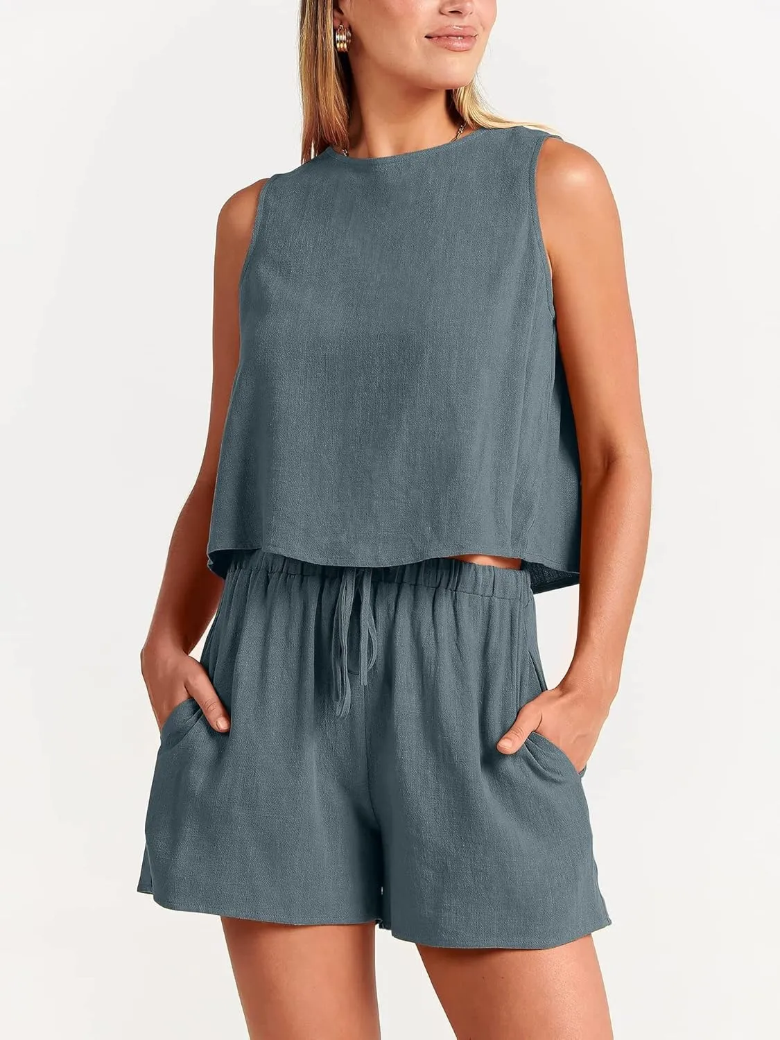 Vacation Outfits for Women Summer 2 Piece Set Cotton Linen Sleeveless Crewneck Tank Tops Wide Leg Shorts Outfits