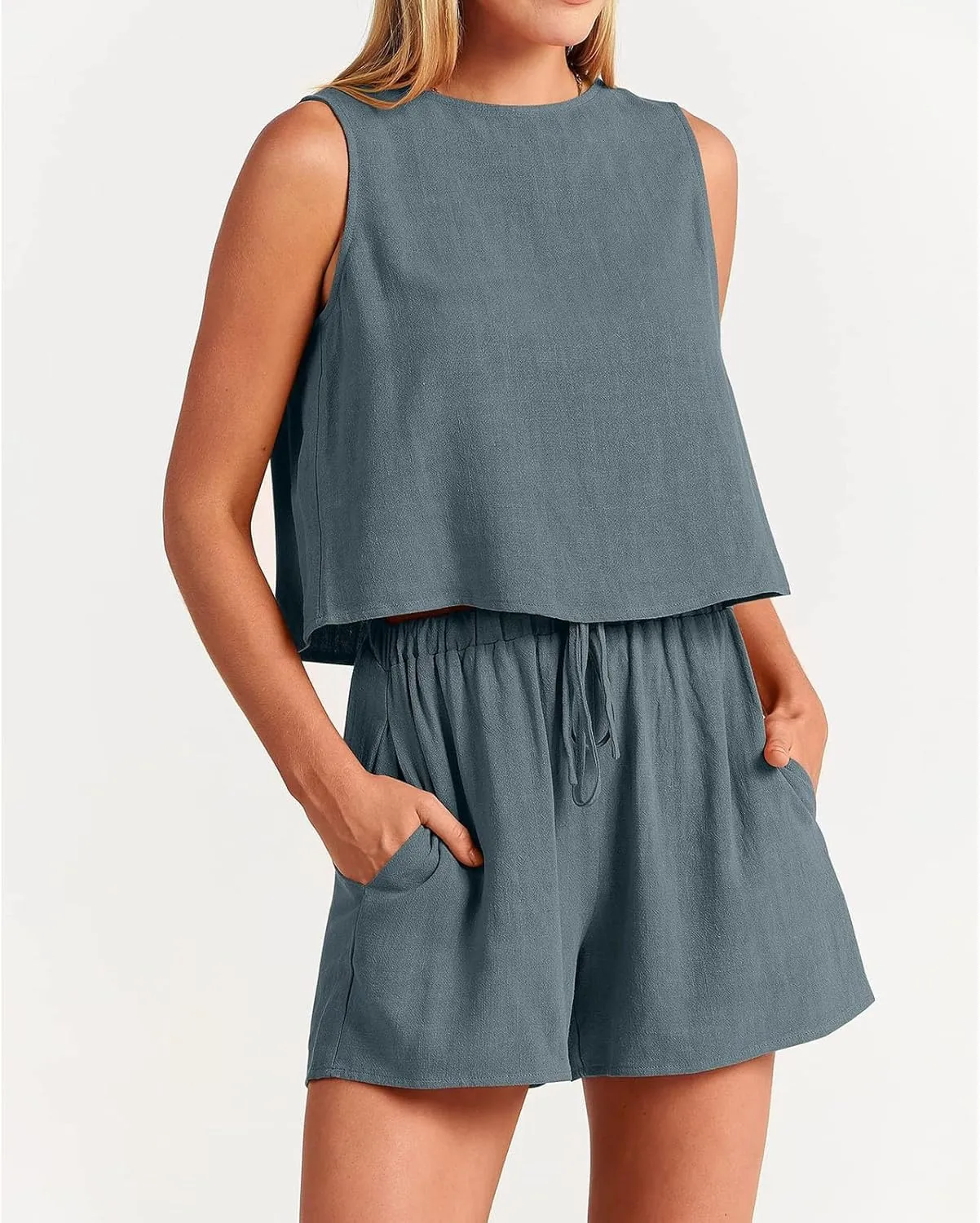 Vacation Outfits for Women Summer 2 Piece Set Cotton Linen Sleeveless Crewneck Tank Tops Wide Leg Shorts Outfits
