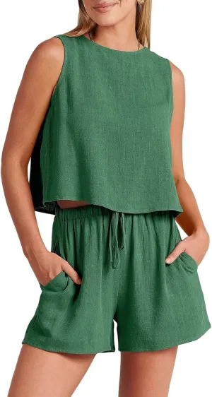 Vacation Outfits for Women Summer 2 Piece Set Cotton Linen Sleeveless Crewneck Tank Tops Wide Leg Shorts Outfits