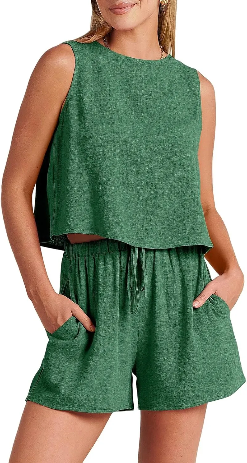 Vacation Outfits for Women Summer 2 Piece Set Cotton Linen Sleeveless Crewneck Tank Tops Wide Leg Shorts Outfits