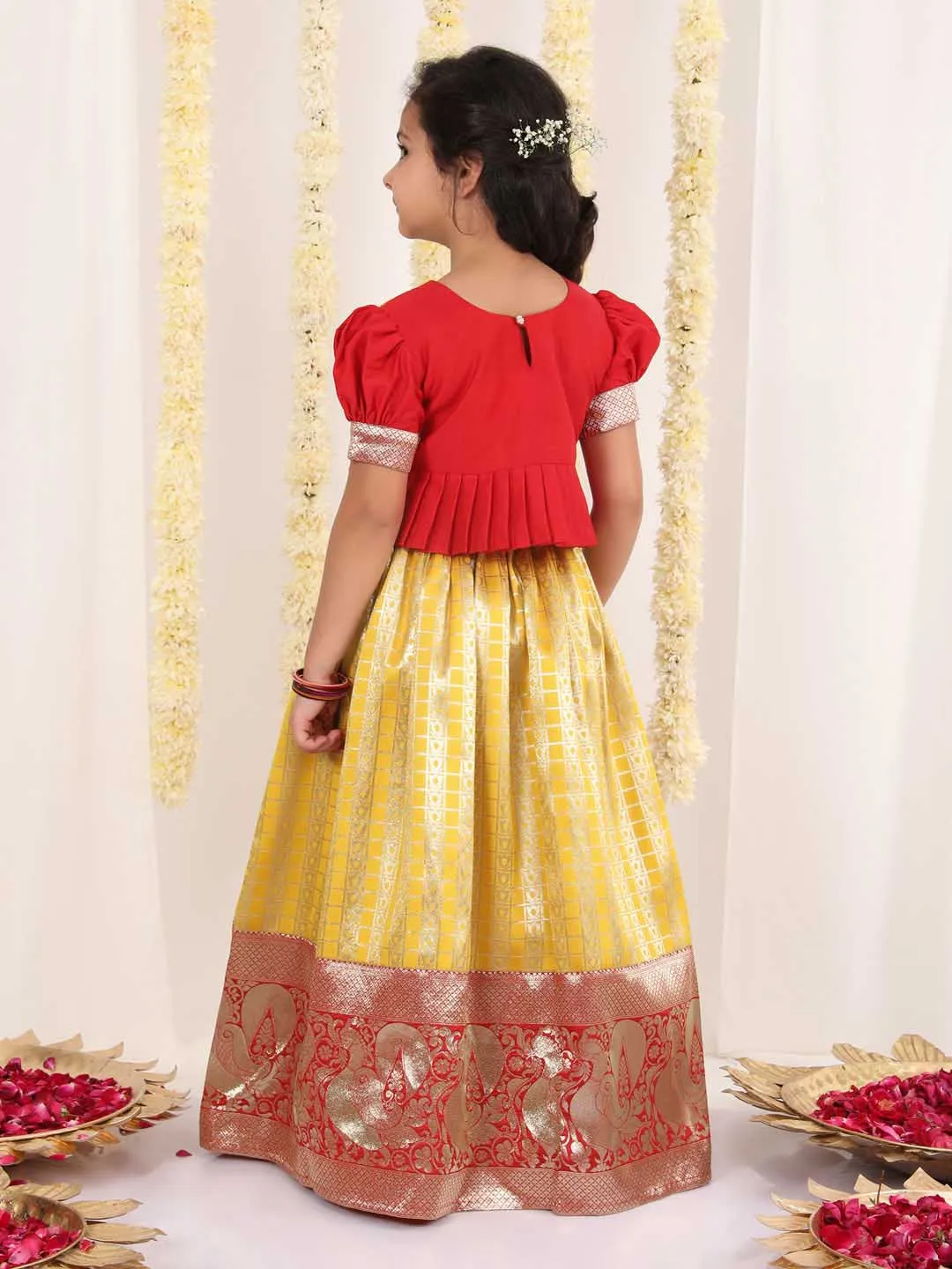 Vastramay Girl's Yellow Pavda Pattu Lehenga Choli Set