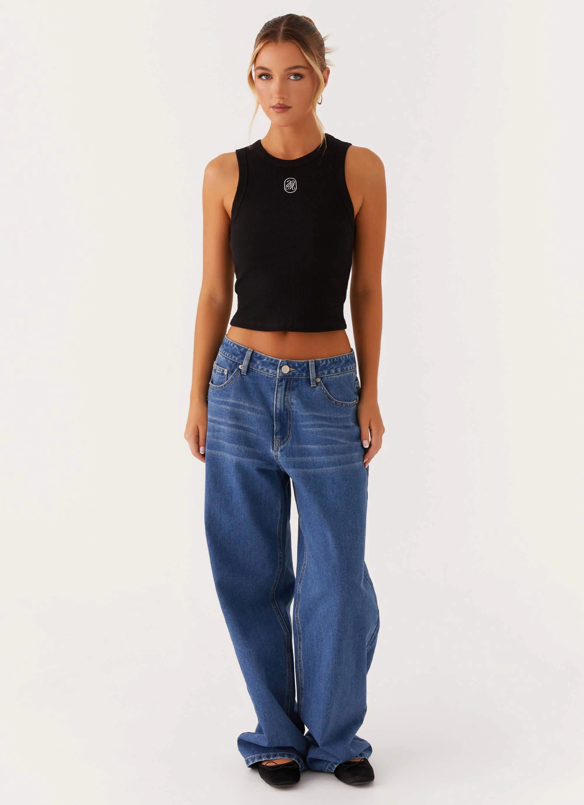 WaffleWeave TaglessNecklineComfort Veda Tank Top - Black