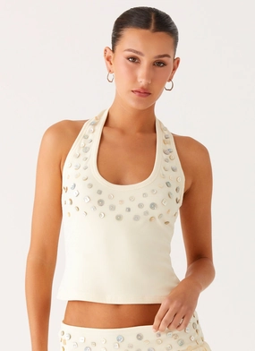 Vegas Nights Halter Neck Top - Yellow Vented Back Panel Vegas Nights Halter Neck Top - Yellow Curved Hemline