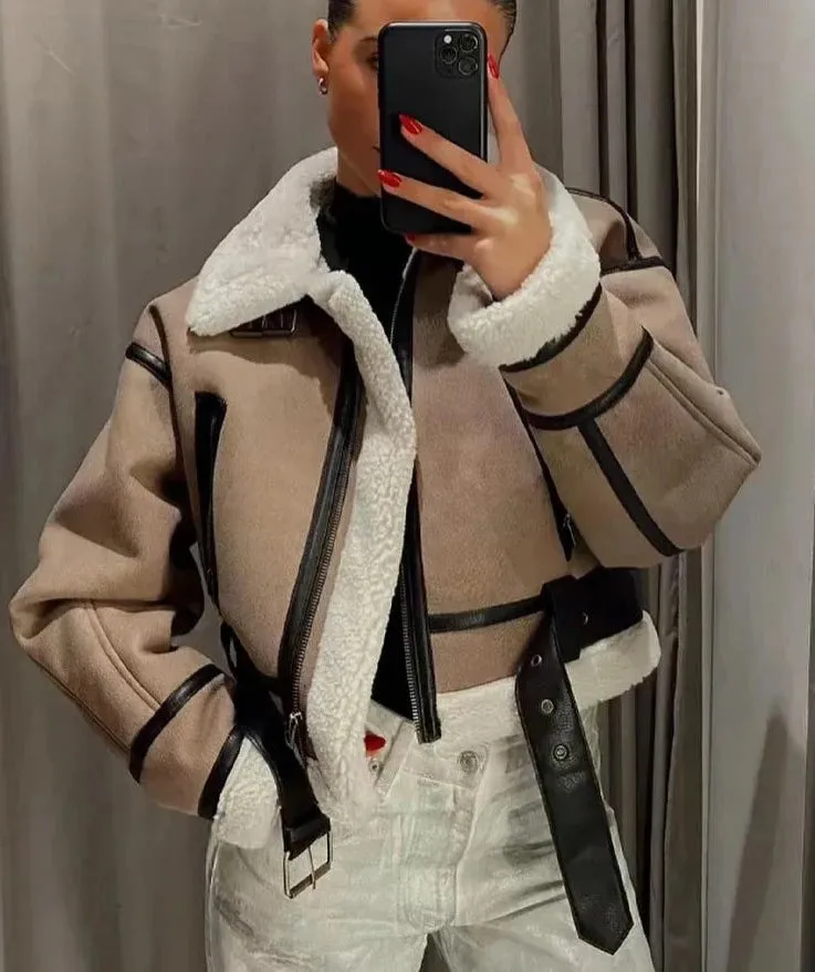 Velvet Zipper Fly Turn Down Collar Crop Jackets