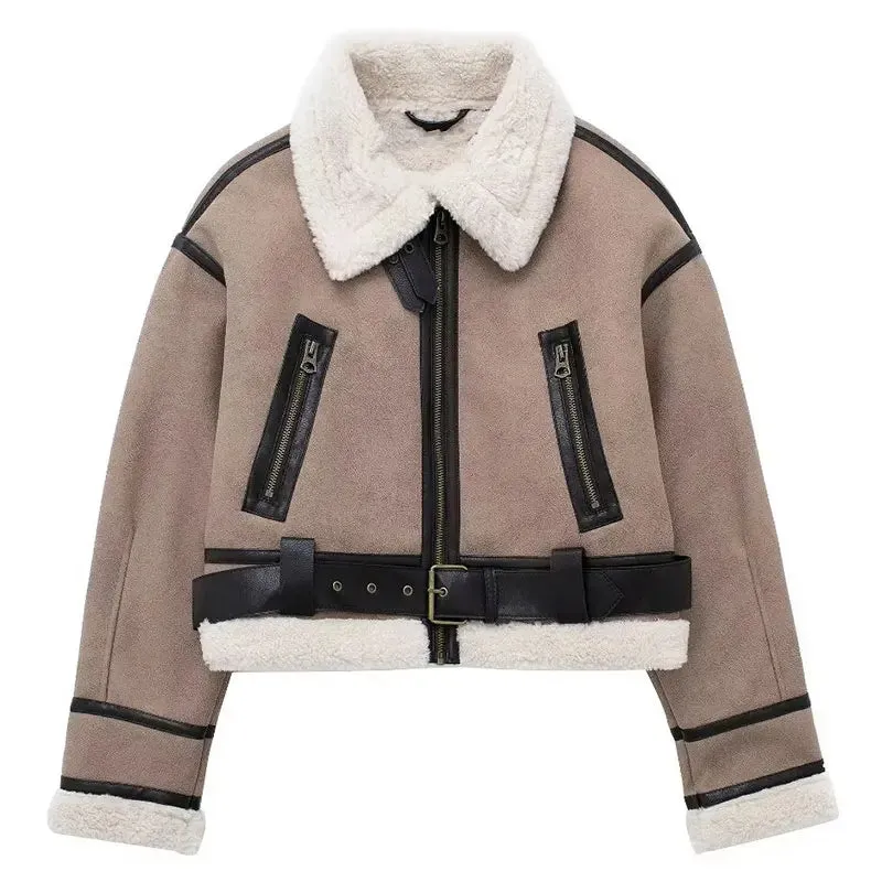 Velvet Zipper Fly Turn Down Collar Crop Jackets