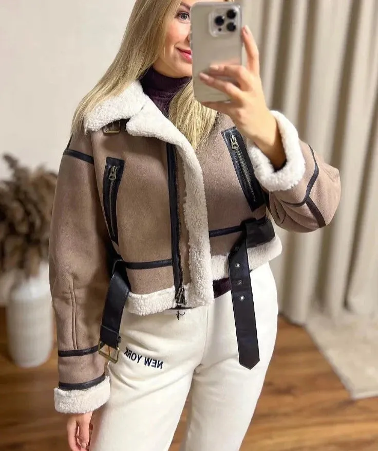 Velvet Zipper Fly Turn Down Collar Crop Jackets
