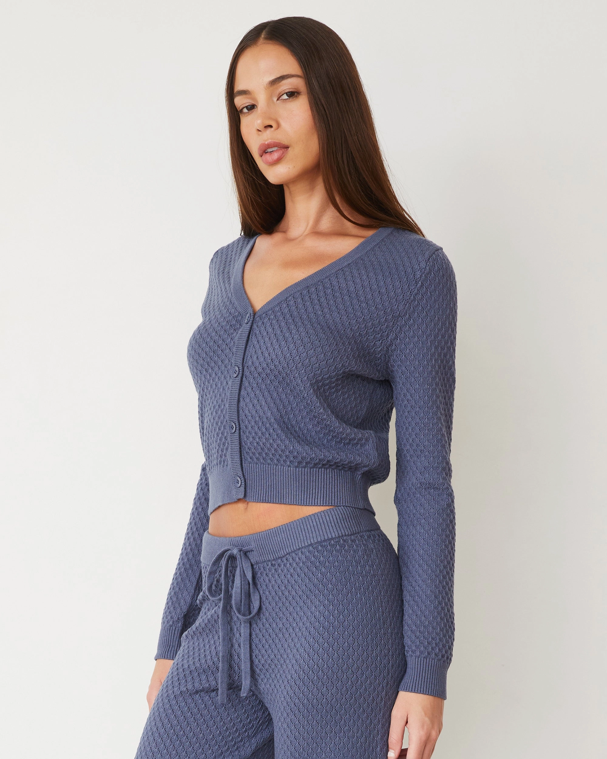 Layered Hem Reinforcement Softknit French Waffle Cardigan